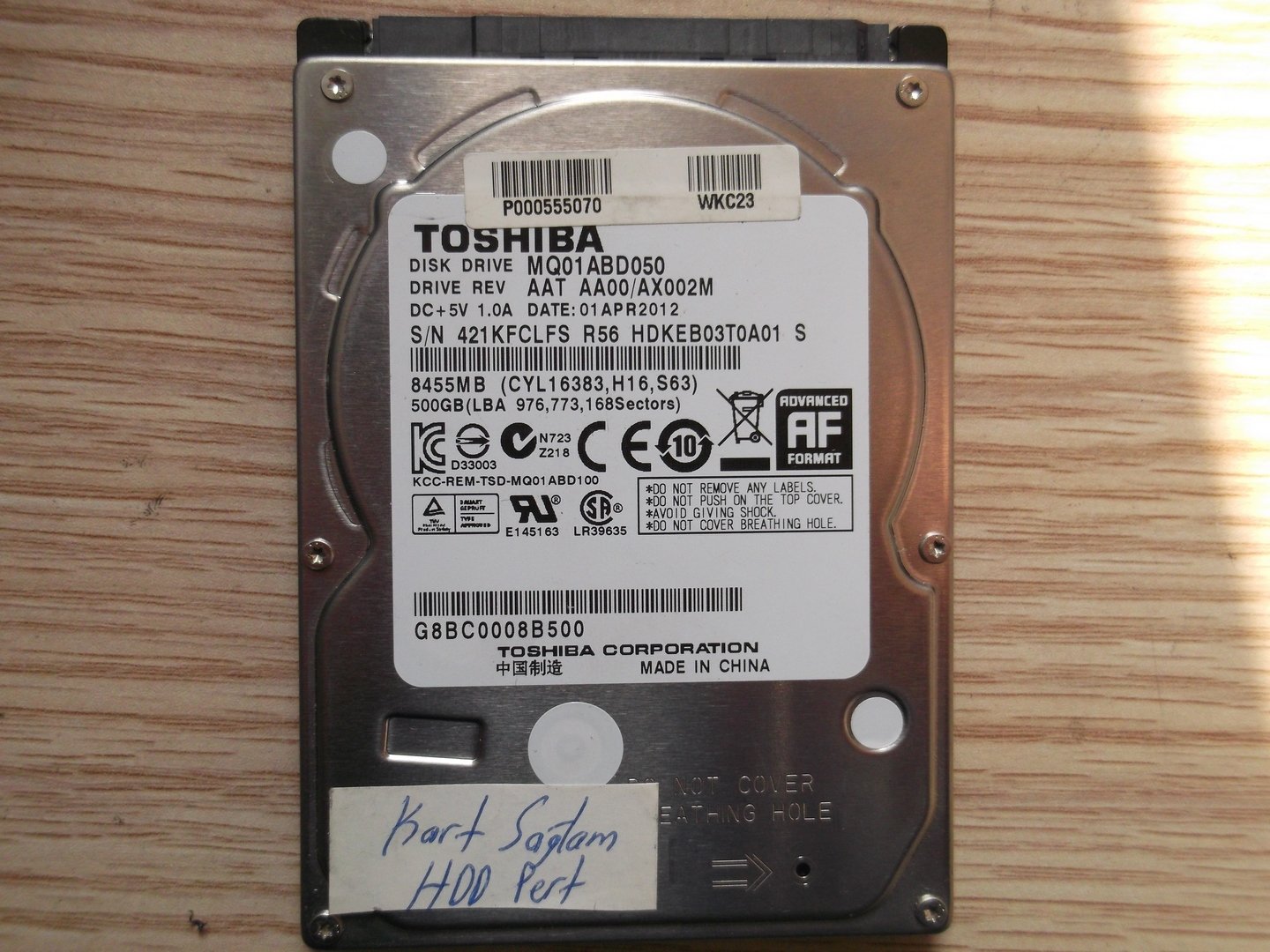 Arızalı HDD 500GB Toshiba MQ01ABD050 AAT AA00 AX002M G003138A